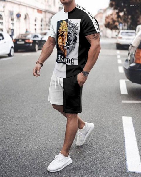 Мужские спортивные костюмы Lion K Crown Stripe Print Print Suit набор модных футболок Shorts Летняя одежда уличная одежда спортивная одежда 2 штука для мужчин
