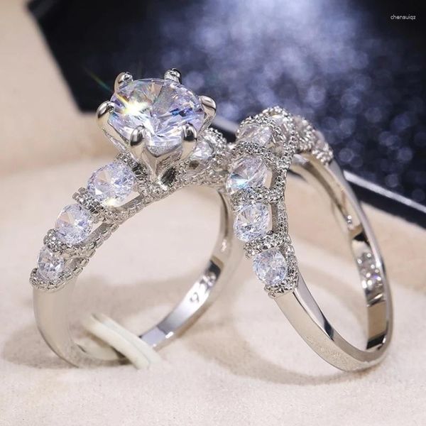 Hochzeit Ringe CAOSHI Exquisite Silber Farbe Engagement Finger Für Frauen Luxus 2 stücke Schmuck Set Top Qualität Stilvolle Accessoires
