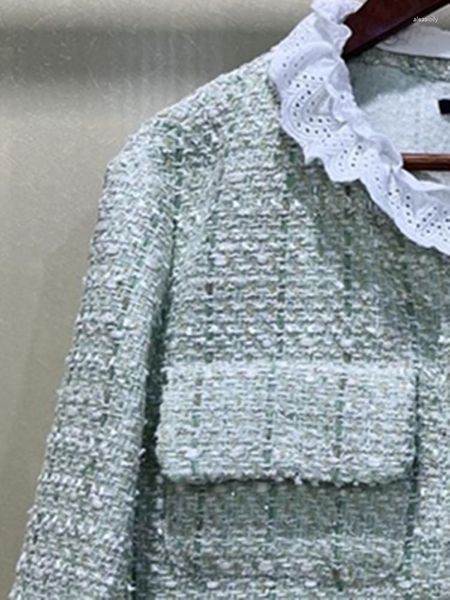 Giacche da donna Colletto con volant Cappotto in tweed Minigonna da donna Primavera Lady Giacca monopetto bianca con tasche o elegante corto