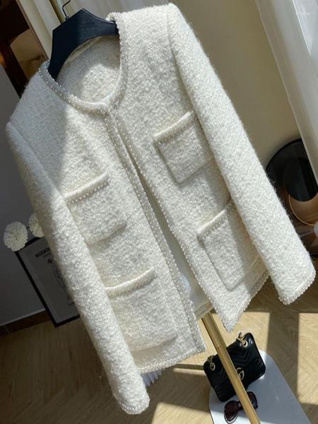 Giacche da donna Cappotto corto in lana di tweed con perline di lusso francese Donna Autunno Inverno Vintage Piccolo profumo Bianco Industria pesante