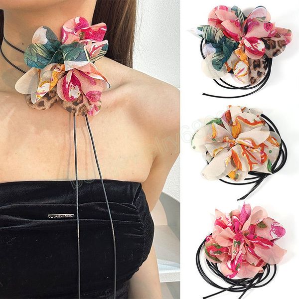 Große Stoffblumen-Halsketten für Frauen, elegante lange Schnür-Seilketten, Kragen am Hals, weibliche Modeaccessoires