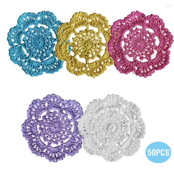 Tapetes de mesa 50 pçs/lote porta-copos flor multicoloridos decoração octógono feito à mão almofada de crochê 10 cm tecido