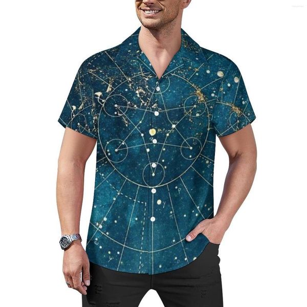 Camisas casuais masculinas Camisa com estampa de símbolo da noite Mapa estelar Luzes da cidade Férias Solta Havaí Streetwear Blusas Design Roupas grandes