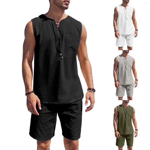 Tute da uomo in cotone e lino da uomo Set da spiaggia 2023 Estate senza maniche con lacci con scollo a V Pantaloncini da surf 2 pezzi Streetwear Canotta sportiva casual