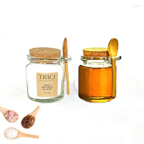 Stoviglie X60 Honey Pot 250ml Volume Vaso di vetro Bottiglia di budino Tazza di sale per latte con coperchio e cucchiaio in legno
