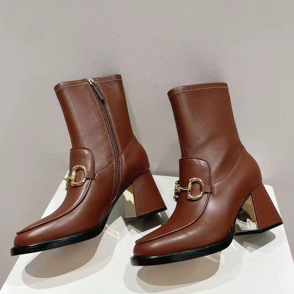 Ayak bileği botları gerçek deri elastik saplama blok sütun taban buzağı çekme kısa botları kadın açık ayakkabıları lüks tasarımcı yüksek topuklu ayakkabı 35-41 kutu ile
