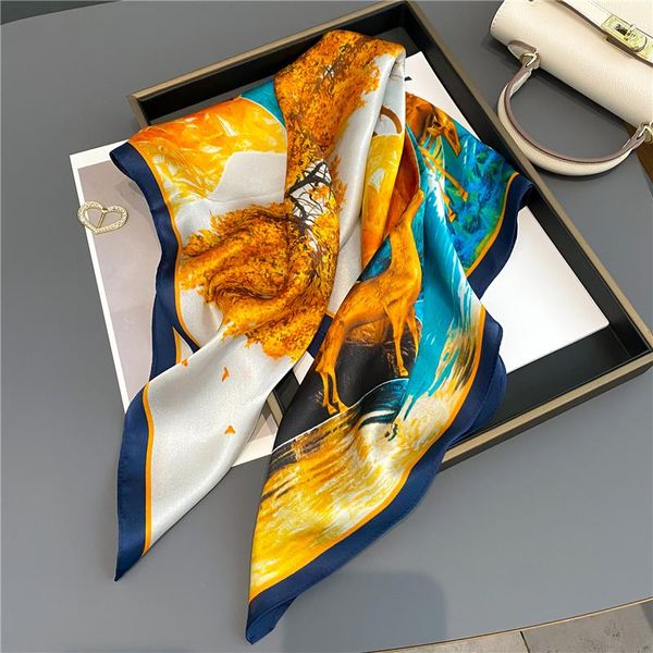 Sciarpe Design 2023 Stampa Sciarpa in pura seta Donna Avvolge Estate Fazzoletto Hijab Scialle Foulard Cravatta Capelli Mano Wirst Bandana