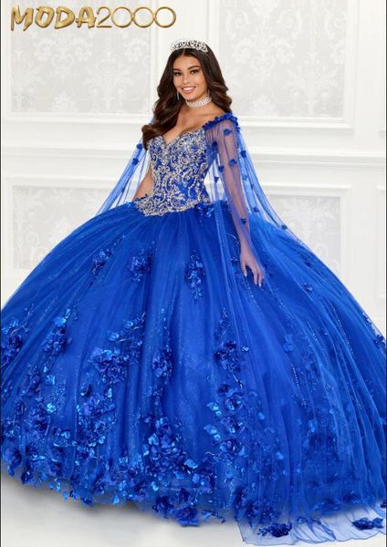 Royal Blue Dazzling Abiti Quinceanera con mantello staccabile con spalle scoperte Corsetto floreale in rilievo abiti debuttanti 15 anos