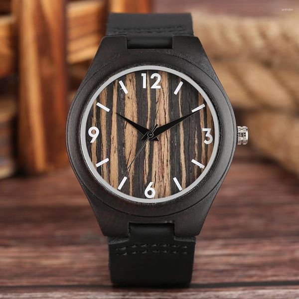 Relógios de pulso Natural Elegante Ébano/Zebrawood Quartzo Relógios Masculinos Algarismos Árabes Listras Irregulares Padrão Mostrador Couro Genuíno Masculino