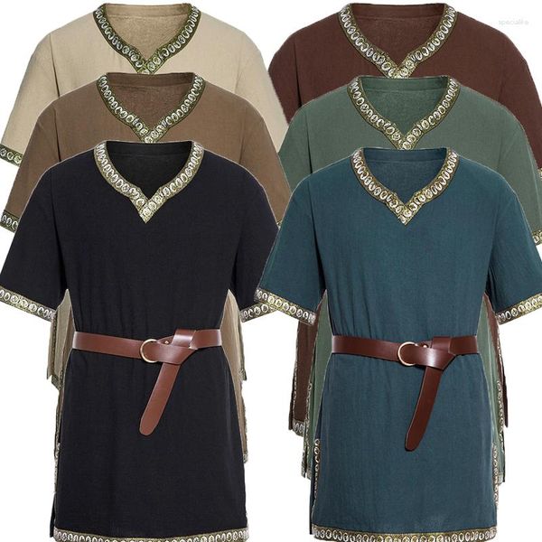 Мужские повседневные рубашки средневековая винтажная викинговая пиратская туника для мужчин с коротким рукава