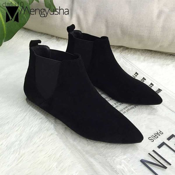 Elastische Chelsea Laarzen Suède Enkellaars Vrouwen Herfst Winter Slip-On Platte Laarzen Mode Puntige Korte Kudde Laarsjes femme L230704