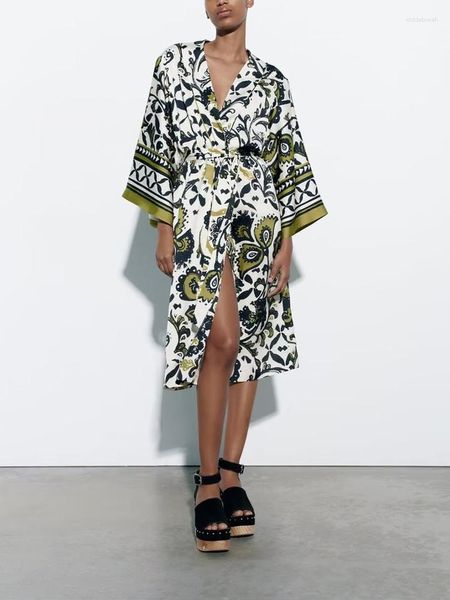 Kadın Ceketleri Yaz Giysileri Ev Hardigan Paltosu Kemer Gevşek İpek Saten Doku Baskı Kimono