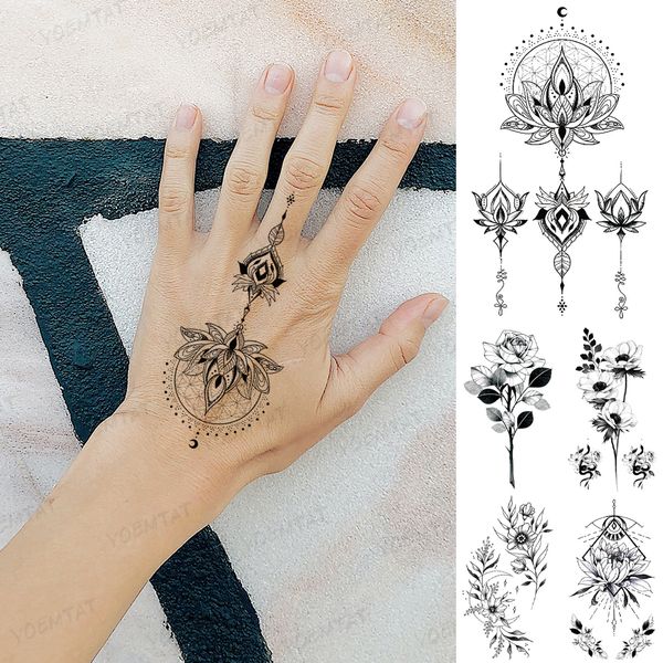 Wasserdicht Temporäre Tätowierung Aufkleber Schwarz Henna Spitze Arabischen Lotus Totem Blume Flash Tatoo Frauen Finger Körper Kunst Gefälschte Tatto Männer