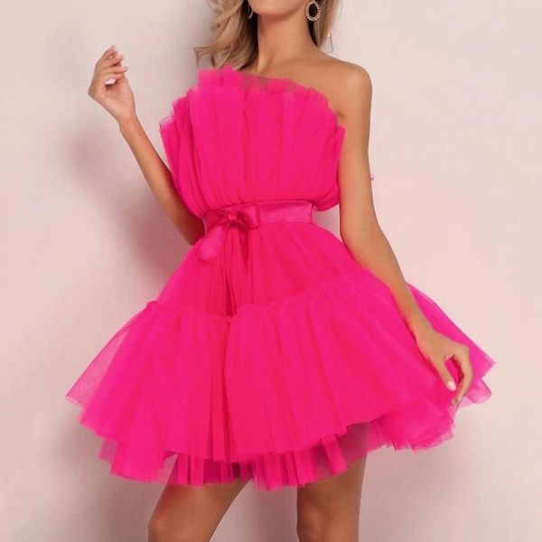 Abiti casual Abito da tutu in tulle con spalle scoperte Abito da sera elegante per le donne Ballo da ballo per club in garza sexy senza maniche