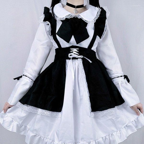 Vestidos Casuais Cute Lolita Maid Dress Kawaii Preto e Branco Estilo Japonês Unissex Mulheres Homens Adolescentes Estudante Harajuku Café Avental