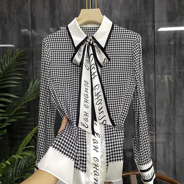 Nieuwe herfst vlinderdas shirt voor dames lange mouwen print blouses elegante tops werkkleding