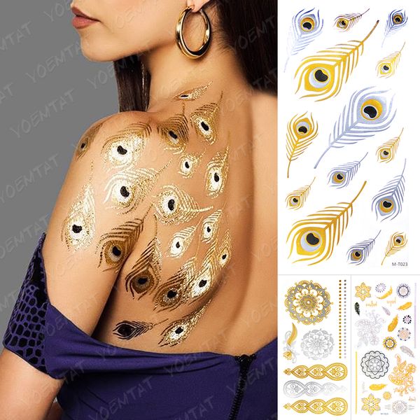 Wasserdichter temporärer Tattoo-Aufkleber, Pfauenfeder, Gold, Silber, Metallic-Flash-Tattoo, Henna-Mandala-Glitzer-Armband, Körperkunst