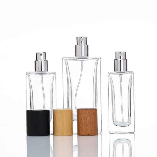 30ml 50ml 100ml Frasco de vidro transparente vazio em forma de quadrado em spray com tampas de madeira