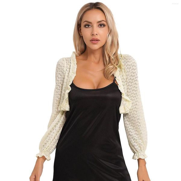 Jaquetas femininas bolero tops elegantes manga longa renda cardigan encolher top casual jaqueta cortada com babados para casamento férias praia