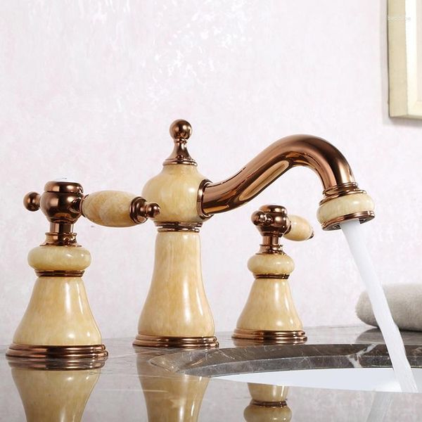 Rubinetti per lavabo da bagno Clour in oro rosa 8 pollici diffuso 3 pezzi Rubinetto per lavabo Miscelatore Rubinetto Giada Pietra