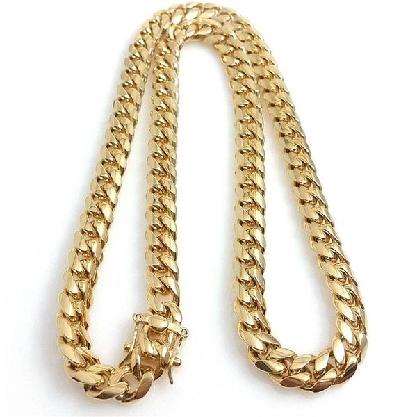 10mm 12mm 14mm Miami Cuban Link Chain Masculino 14K Gold Plated Chains High Polished Punk Curb Aço Inoxidável Hip Hop Jewelry352M