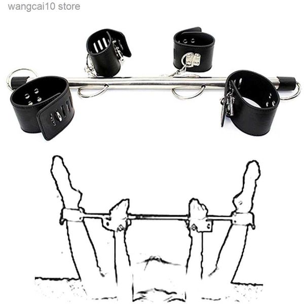 Sexy Set BDSM Bondage Mani regolabili Caviglie con spalmatore in acciaio inossidabile Gambe aperte Set in pelle PU per giochi sessuali di coppia T230718