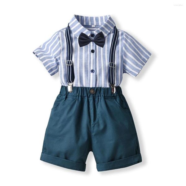 Conjuntos de roupas para crianças, meninos, roupas, camisa listrada, shorts suspensório sólido, conjunto de 2 peças, infantil, casual, roupas de festa