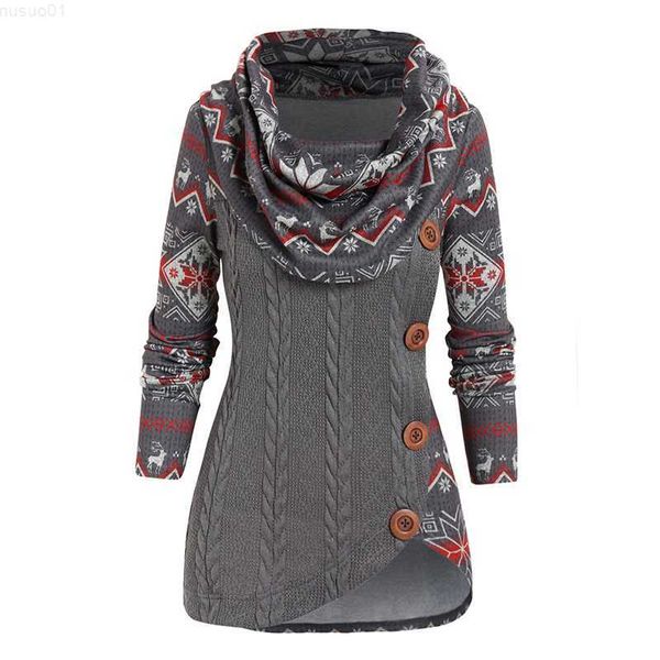 Maglioni da donna dressfo Maglione in maglia a trecce Alce Fiocco di neve Stampa geometrica Ripiegabile Maglione a maniche lunghe con orlo asimmetrico L230718