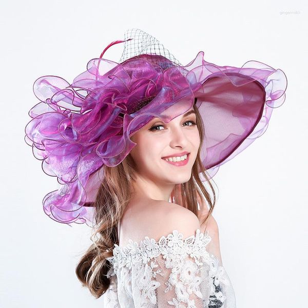 Weitkrempeln Hats Mode Sommersonne für Frauen elegante Damen Großer Hochzeitshut mit großem Blumenstrand