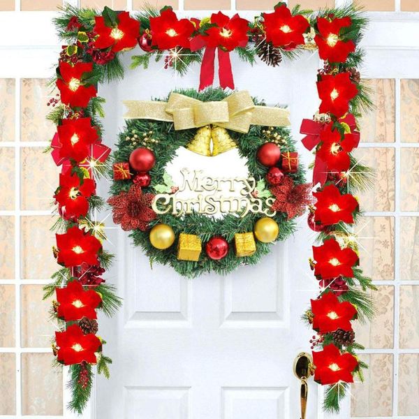 Flores decorativas para festa de Natal Poinsettia guirlanda pequeno sino porta parede guirlanda decoração