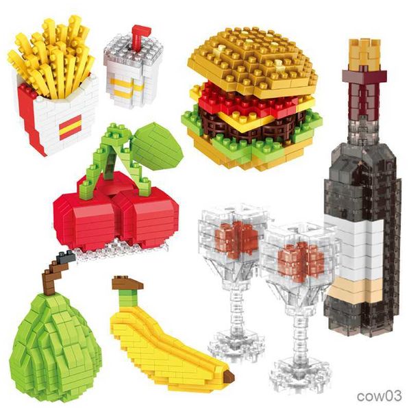 Blöcke Mini Lebensmittel Fast Food Obst Modell Bausteine DIY Wein Burger Französisch Frites Hund Kuchen Puzzle Montage Spielzeug Junge mädchen Geschenk R230718
