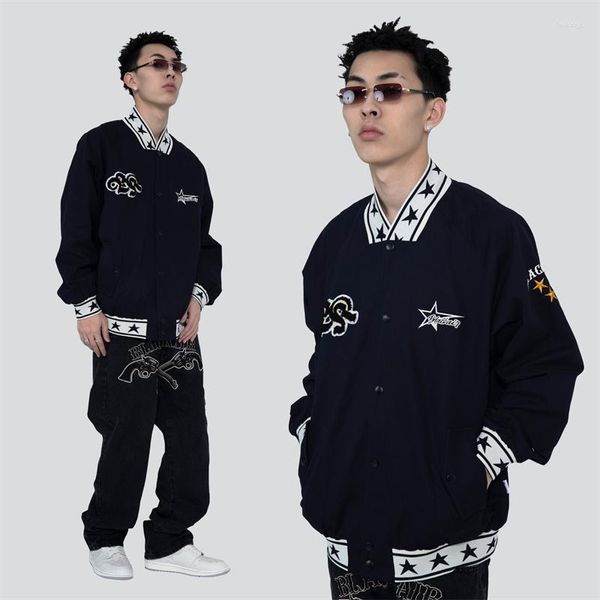 Jaquetas Masculinas Masculinas Hip Hop Streetwear Jaqueta Varsity Letra Bordada Estrela Harajuku Denim Oversized 2023 Coreano College Bomber Coats