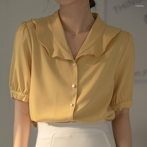 Blusas femininas blusa amarela com babados 2023 verão feminino casual manga curta camisa de botão Femme blusa branca de chiffon vintage chique solto francês