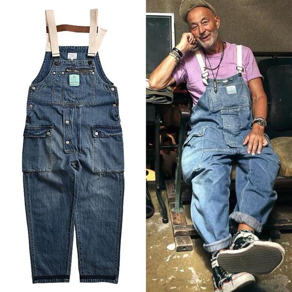 Erkekler Kot Sıkınmış Mavi Denim Tulum İşi Kargo Pantolonları Eski Okul Kolay Şık İşçi Çok Cep Bib Pantolon Erkekler Sıradan 306p