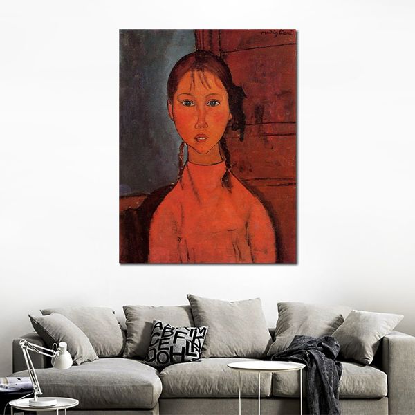 Schöne Frau auf Leinwand, Mädchen mit Zöpfen, Gemälde von Amedeo Modigliani, handgefertigte Kunstwerke, Bibliotheksdekoration