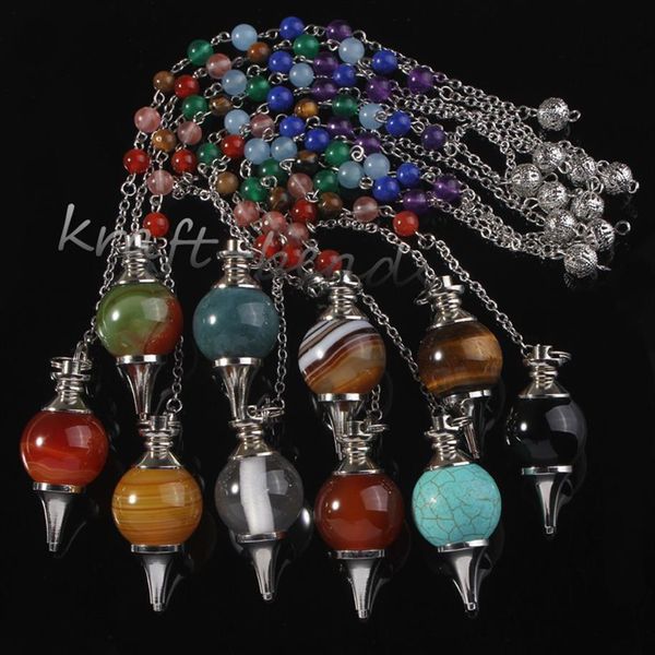 Bütün 10 pcs Natural Gümüş 7 Taş Boncuklar Zincir Karışık Kuvars Akik Taş Çakra İyileştirme Noktası Dowsing Sarkaç Kolye Jewelry308y