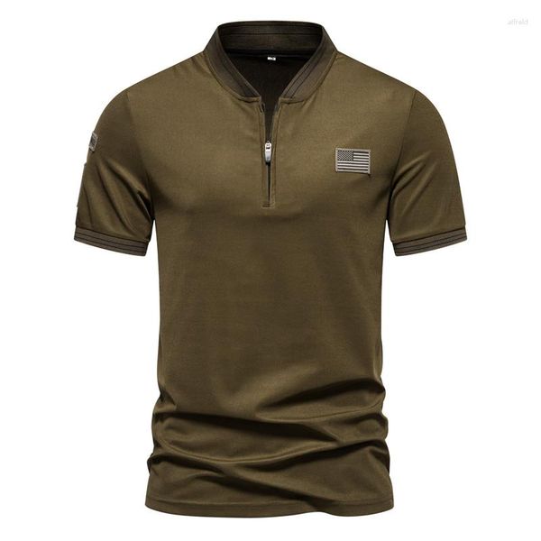 Pólos Masculinos Camisa Pólo T-shirt Uniforme de Combate Estilo Regular Mangas Curtas Cor Sólida Design com Zíper Top Tee