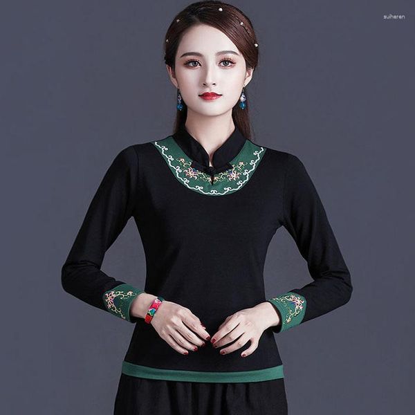 Ethnische Kleidung Cheongsam Damen Plus Size Tops 2023 Baumwollmischung Stickerei Spleißen Stehkragen Langarm Chinesischer Stil Qipao Shirts