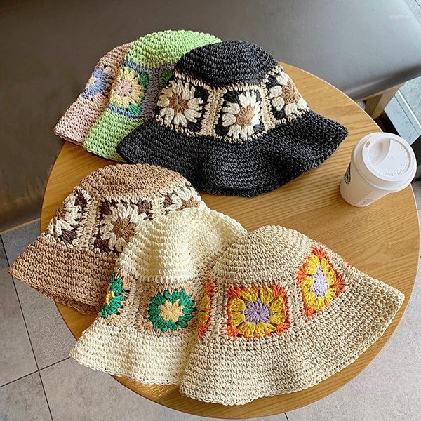 Berets Sommer Frauen Handgemachte Panama Gestrickte Häkeln Blume Sonnenhut Mode Strand Sonnencreme Fischer Outdoor Cap Gorras 2023