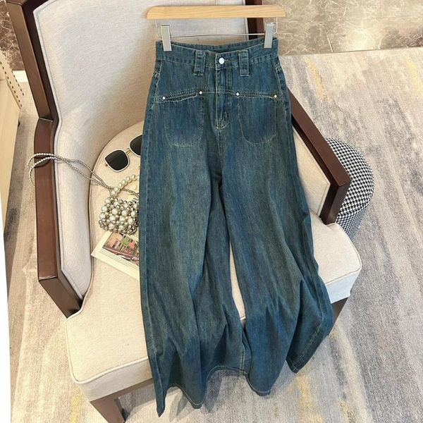Jeans Feminino Cintura Alta Chique Design de Bolso Perna Larga Fino Estilo de Rua para Meninas A Linha Azul Calças Denim