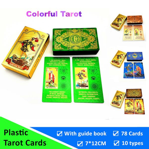 Outdoor-Spiele, Aktivitäten, 1 Deck, Kunststoff, Tarotkarten, Gold, Schwarz, Blau, Grün, Karten, 7 x 12 cm, wasserdicht, langlebig, für Zuhause, Brettspiel, Wahrsagen, 78 Karten 230718