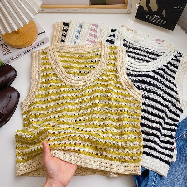 Damen-Tanks, Tank-Top, Y2k, gestrickt, Colorblock, O-Ausschnitt, ärmellos, Crop-Tops, Frauen, Häkelpullover, aushöhlen, Leibchen, 2023, Sommer-Tropfen