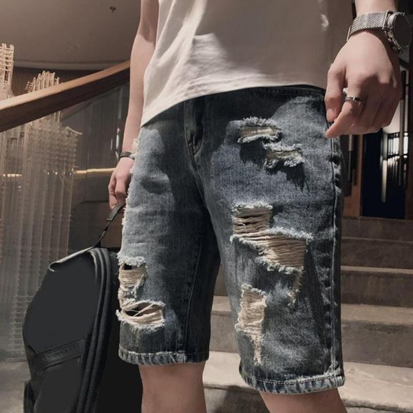 Calça jeans masculina Shorts jeans com furos rasgados Streetwear cintura média perna reta na altura do joelho com bolsos zíper