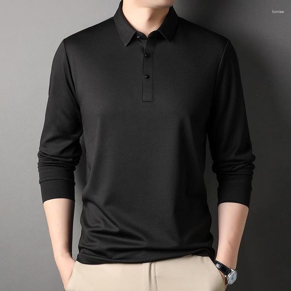 Polo da uomo 2023 primavera autunno arrivi manica lunga polo moda risvolto coreano slim fit abbigliamento di marca solido