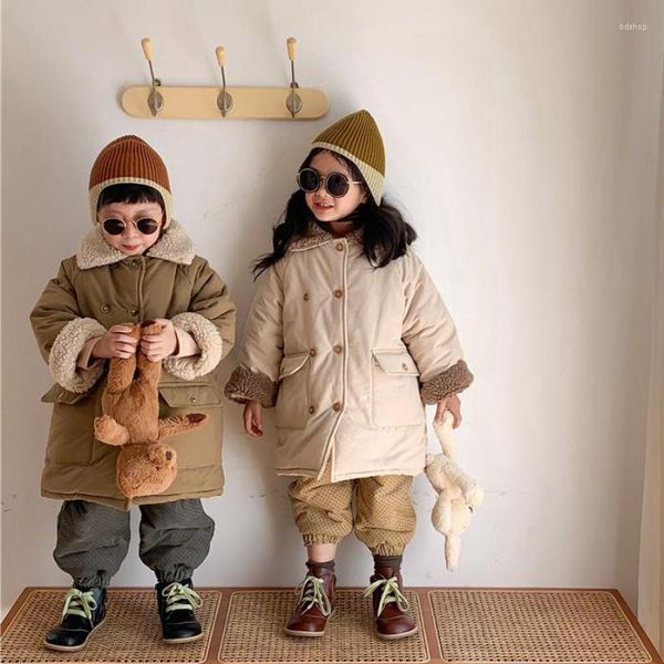Down 2023 Kış Kızları Ceket Kadife Kalın Moda Giyim Çocuklar Uzun Yün Çocuklar Erkekler İçin Sıcak Rüzgar Çeker