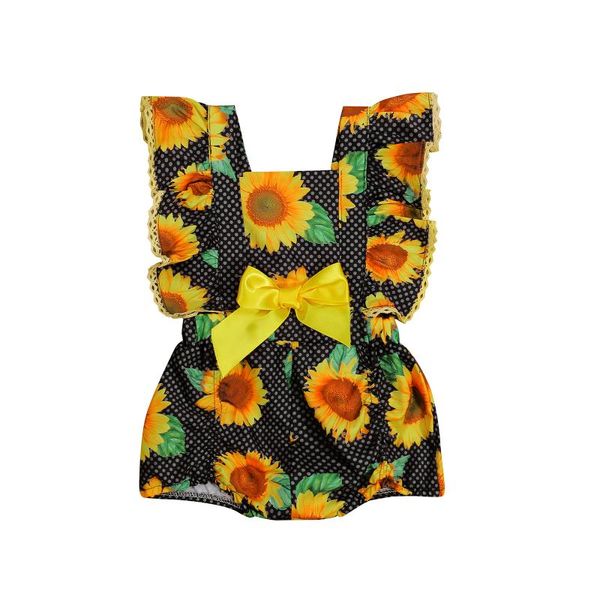 Macacões 2023 Summer Sun Flower Baby Girls Babados Romper Infant Born Born Playsuit Playsuit Bow Clothes