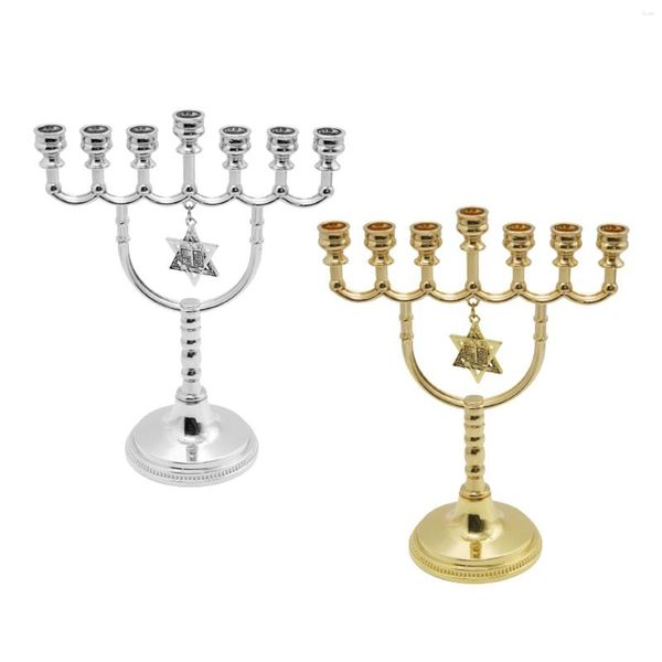 Castiçais Hanukkah Menorah Candelabro Tradicional Peça Central de Mesa 7 Ramificações Suporte de Metal Castiçal para Decoração de Festa de Casamento