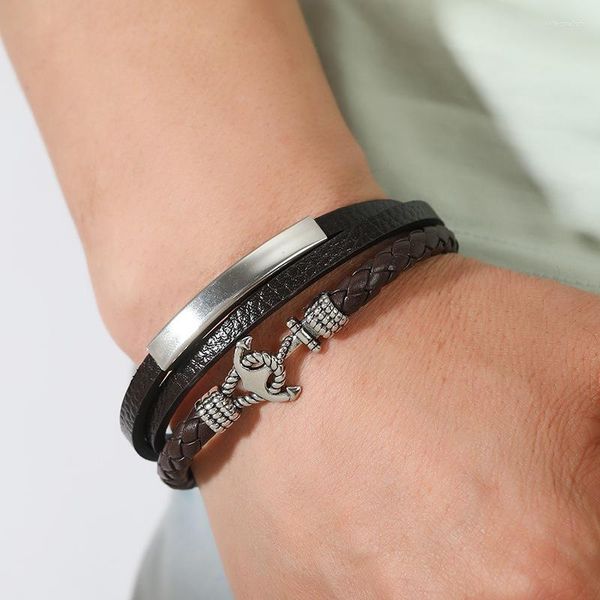 Braccialetti con ciondoli Trendy Leather Men Steel Anchor Corda intrecciata multistrato per gioielli maschili Pulsera Hombre Gifts