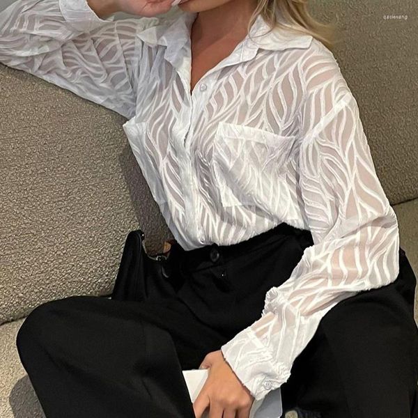 Blusas Femininas Transparente Summer Chiffon Blusa Feminina Elegante Botão Fino Camisa Branca 2023 Office Lady Shirts Manga Longa Sexy Top 21521