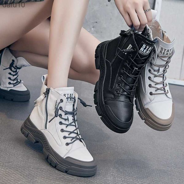 Botas de Couro Autêntico para Mulheres 2022 Botas de Tornozelo Esportivas Femininas Sapatos de Designer de Luxo Feminino Salto Plataforma Saltos Baixos Sola de Borracha L230704